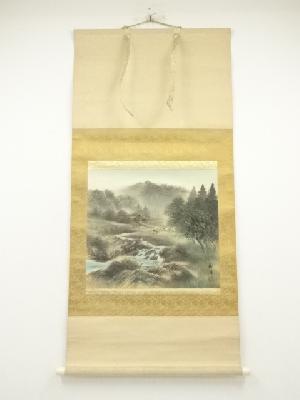 梅月筆　村風景図　肉筆絹本掛軸